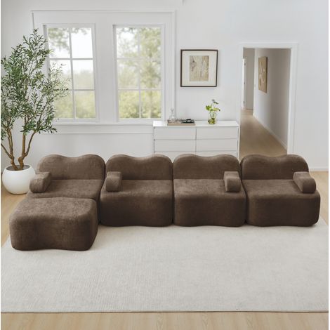 Canapé d'angle modulaire 384x167x70 cm marron en velours avec ottoman et assise profonde (1/5)