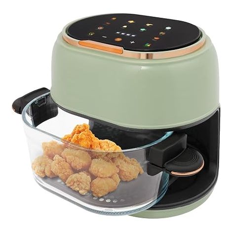 Friteuse à air chaud, 4 l, avec fenêtre, grande friteuse à air chaud, 1350 W, écran tactile numérique, sans huile, avec minuterie de 120 minutes, barbecue à air chaud, four avec panier en verre, arrêt (1/5)