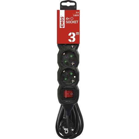 EMOS - Ciabatta elettrica a 4 prese 3 m - con interruttore - 4 prese Schuko ruotate 45° - 250 V, 16 A, 3680 W - Isolamento in PVC - H05VV-F3G 1,5 mm2 - Maggiore protezione da contatto - IP20 per (1/5)