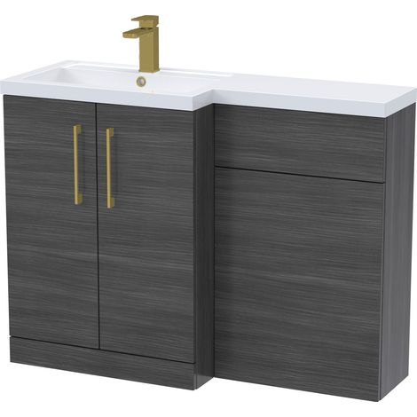 Balterley Left-Hand Bathroom Vanity and WC Unit Combination with Basin - 1100mm - Woodgrain Anthracite with Brushed Brass Handles