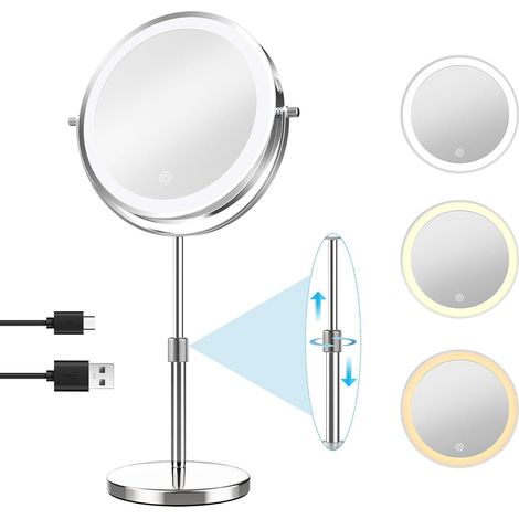 8-Zoll-Schminkspiegel mit Beleuchtung, Tischspiegel, 35-45 cm höhenverstellbar, 1-fache/10-fache Vergrößerung, 3 Farbeinstellungen und 360°-Drehung, doppelseitiger Spiegel für Make-up und Haarstyling (1/5)