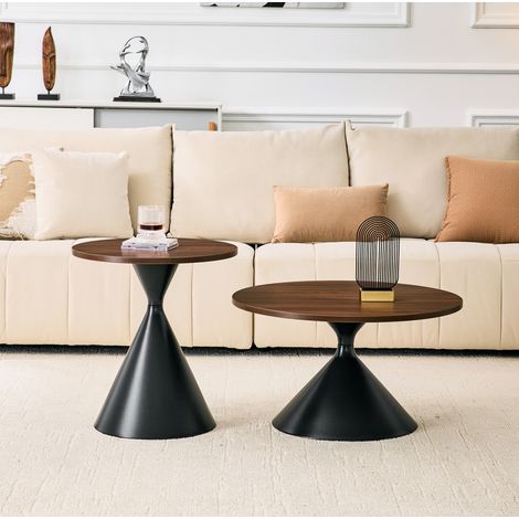 Couchtische 2er-Set aus Melamin in Nussbaumoptik und schwarzem Metall, rund, platzsparend ineinanderschiebbar, Ø70/50 cm (1/5)