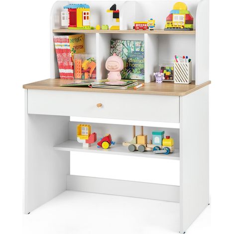 COSTWAY Kids Wooden Study Desk Children Writing Table with Hutch & Drawer (1/5)