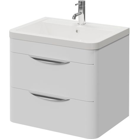 Oslo Gloss White 600mm Wall Mounted 2 Drawer Vanity Unit with Leni Basin - 600mm - Oslo Standard Handle