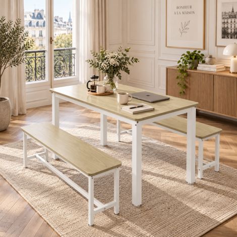 Table à Manger avec 2 bancs, Lot de 3 table avec chaise encastrable 110x60x76 cm, pour 4 a 6 Personnes, structure en Acier (1/5)