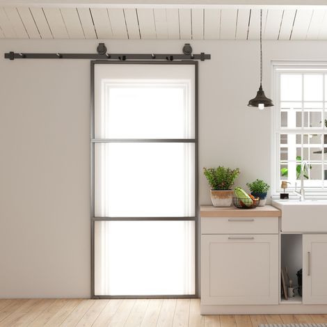Puerta Corredera de Cristal con Herrajes Mecanismo Cierre Suave para Baño Salón 91,4x203,2 cm Negro (1/5)
