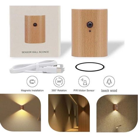 Applique Murale Minimaliste Capteur de Mouvement USB Rechargeable Poli Design Spatial Installation Facile Pièces 2pcs Bois Métal (1/5)