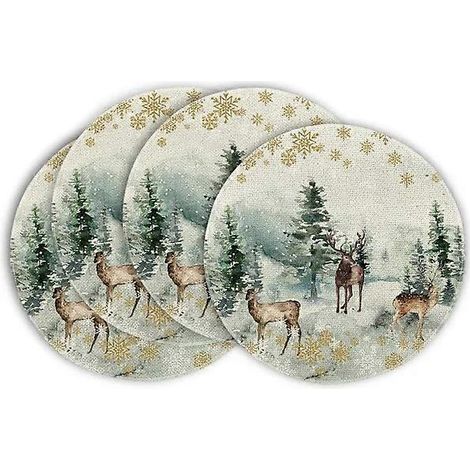 Ensemble de 4 sets de table ronds, motif sapin de Noël aquarelle et rennes, 38 cm, lavables, décoration de table pour la cuisine et les fêtes. (1/5)