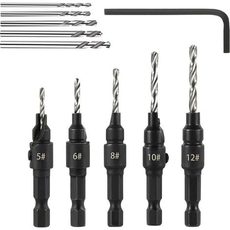 5pcs Forets Fraisés à Chanfreiner Réglable Fraise Bois 1/4" Changement Rapide Mèches à Fraiser Coffrets de Forets à Bois 5, 6, 8, 10, 12 pour le Travail du Bois et la Menuiserie (1/5)