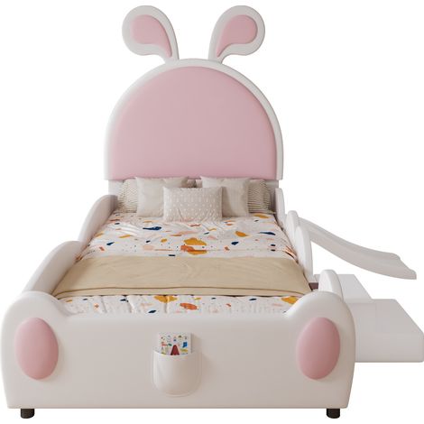 Lit enfant avec toboggan et petite échelle, tête de lit oreilles de lapin, couchage 90x200 cm, cuir régénéré rose et blanc, structure métal et lattes bois - CHICFURN (1/5)