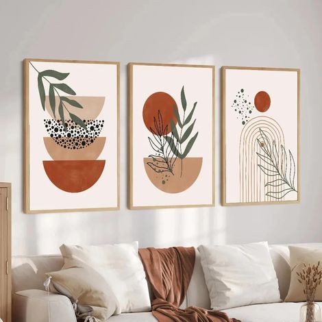 Erracotta Boho Wandbild-Poster, geometrischer Halbkreis, botanisches Blattmotiv im Stil des mittleren Jahrhunderts, Leinwanddruck, Heimdekoration, 30 x 40 cm x 3, ungerahmt (1/5)