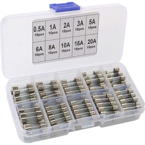 150Pcs 5x20mm Verre Tube Fusible, Fast-Souffler Fusibles Set avec Transparent Plastique Boîte, Rapide Coup Verre Fusibles Assorties Kit 0.5A 1A 2A 3A 5A 6A 8A 10A 15A 20A (1/4)