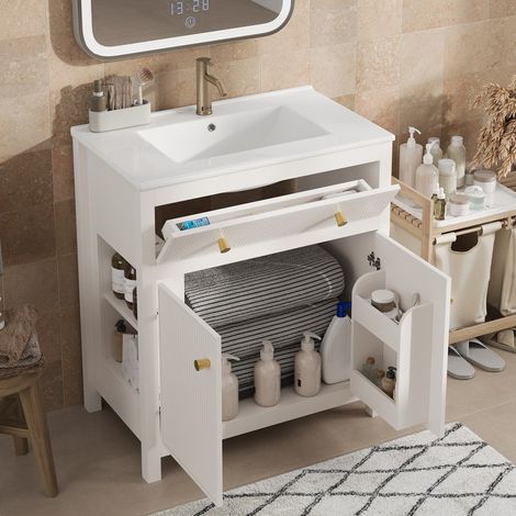 Meuble vasque avec tiroir et porte soft-close, Meuble salle de bain design cannelé moderne, lavabo céramique inclus, 81 x 46 x 86 cm