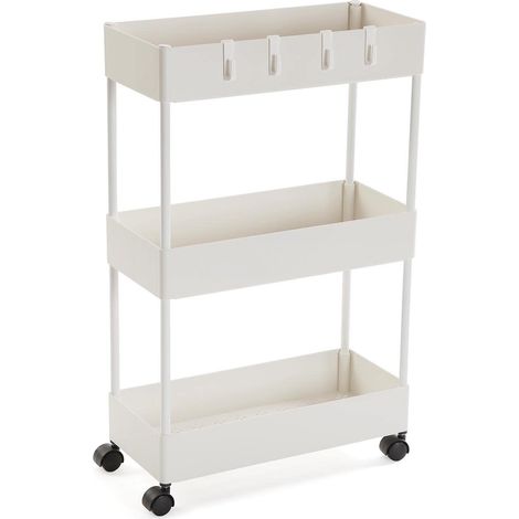Meuble auxiliaire de Salle de Bains, Chariot de Rangement ou charrette, avec 3 étagères et sur roulettes, (H x l x L) 63,5 x 18 x 40 cm, ABS et Plastique, Couleur: Blanc (1/5)