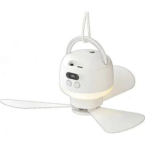 Wiederaufladbarer USB-Campingventilator mit Fernbedienung, LED-Licht, 5 Geschwindigkeitsstufen, Timer, tragbarer Deckenventilator für Camping (weiß). (1/5)
