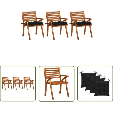 Lot de 3 Chaises de salle à manger de jardin avec coussins - Chaises à dîner de jardin Acacia massif BV182301 - BonneVie (1/5)