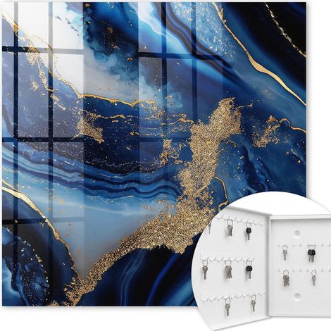 Armoire à clés - (30 cm x 30 cm) - Boîte à clés murale - Coffret de rangement pour clés - Couleur blanche - Ouverture vers la gauche - Pour maison et bureau - rayures bleu marine (1/5)
