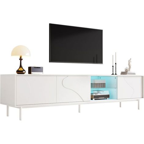 Meuble tv led éclairage led contrôlé par appli trois portes coulissantes effet blanc mdf blanc étagère en verre pieds en acier fins (1/5)