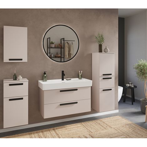 Badmöbel Komplett Set in kaschmir, Waschtisch 100 cm Breite mit Keramikbecken und LED-Spiegel rund - ATELLA-03 (1/5)