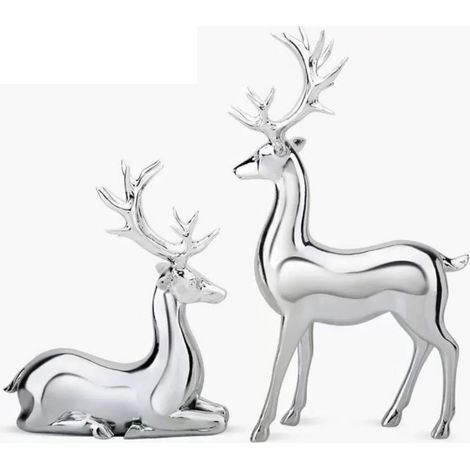 Lot de 2 statues de cerfs argentés, sculptures de rennes en laiton, figurines de Noël de style nordique, décoration de table pour salon ou maison. (1/5)