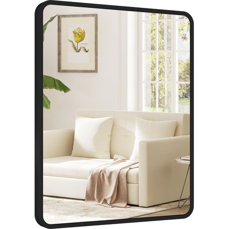 Miroir mural rectangulaire 50 x 40 cm, miroir décoratif moderne avec cadre en métal pour salon, entrée, couloir, noir