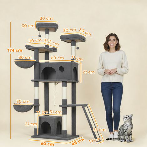 Arbre à chat tour de jeux pour chat avec griffoir 3 lits 2 niches plateformes et 3 jouets suspendus hauteur 174 cm gris (1/5)