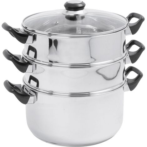 Cuit Vapeur Inox diam. 24 cm - 3 niveaux + couvercle verre - tous feux dont induction, Argenté