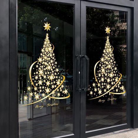 Lot de 2 Autocollants statiques en forme d'arbre de Noël, grand sapin de Noël doré, pour mur, fenêtre, porte, vitrine (1/5)