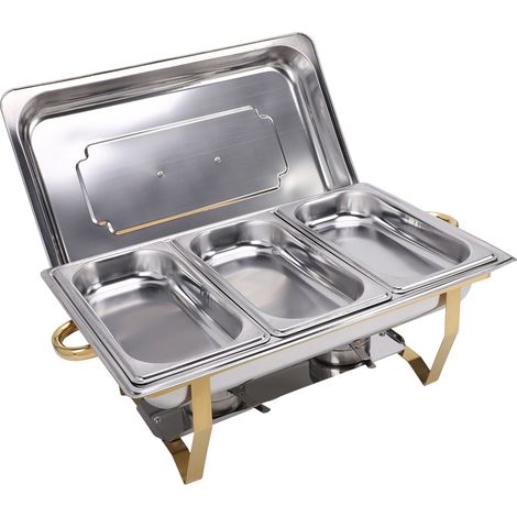 Chauffe-Plat, Buffet Chauffant Rectangulaire 3 compartiments, acier inoxydable, avec couvercle et brûleurs, pour maintenir les plats au chaud lors de réceptions et mariages (1/5)