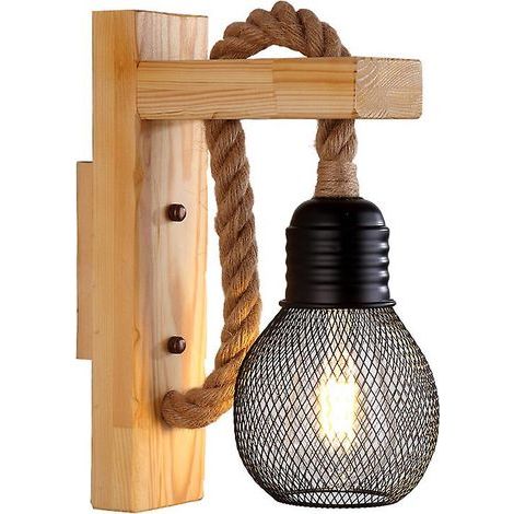 Aplique de pared LED industrial en cuerda de cáñamo/lámpara de madera, base E27 negra (1/5)
