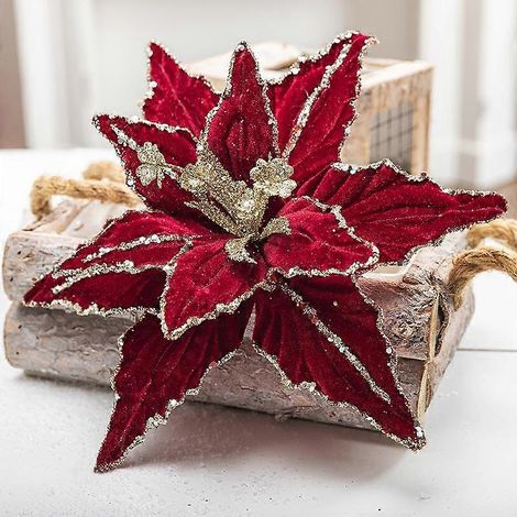 Décoration de Noël et de Nouvel An 2025 : Sapin de Noël artificiel de 25 cm, fleurs rouges, blanches et dorées.rouge vin (1/5)