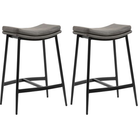 Set of 2 Industrial Bar Stools with Curved Microfibre Upholstered Seats and Steel Frame for Kitchen and Dining Room in Grey