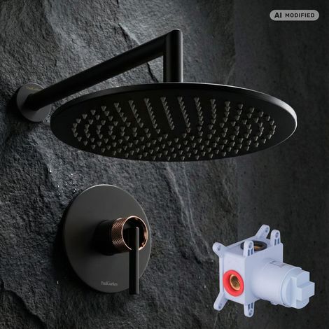 Ensemble de douche encastré PaulGurkes en noir mat avec douche pluie en rose doré (1/5)