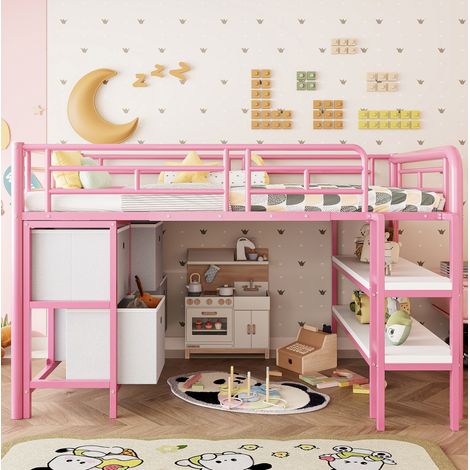 Bett Hochbett mit Stauraum 90x200 Metall Pink OKMYHOME (1/3)