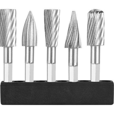 Ortviai Ensemble de 5 fraises rotatives en acier rapide, tige hexagonale 6,35 mm, pour bois, plastique et métaux tendres (1/5)