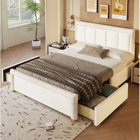 Cama 140x200 cm de terciopelo francés beige con 2 cajones, ahorro de espacio - CHICFURN (1/5)