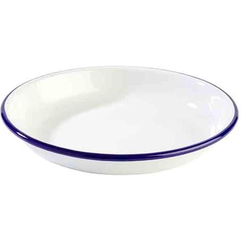 Assiette creuse ENAMELWARE, assiette à soupe, Ø 22 cm, hauteur 3,5 cm, tôle d'acier émaillée, blanche avec bord bleu (1/5)