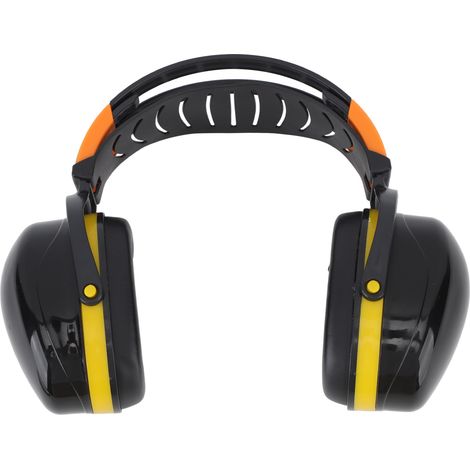 Casque antibruit pliable et léger, protection auditive optimale, idéal pour le jardinage et la tonte de pelouse, noir et jaune.