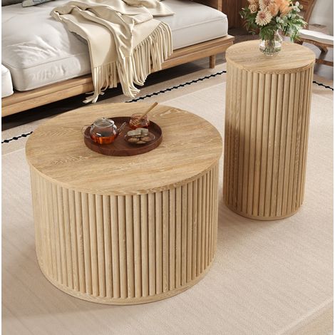 Tavolino basso rotondo doppio 60 x 60 x 38,5 cm + 30 x 30 x 56 cm in MDF naturale OKMYHOME (1/5)