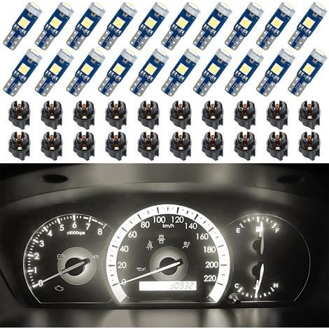 Lot de 20 ampoules LED T5 pour tableau de bord de voiture, ampoules haute luminosité 3030-3SMD de remplacement avec douille à verrouillage par rotation, blanc chaud (1/5)