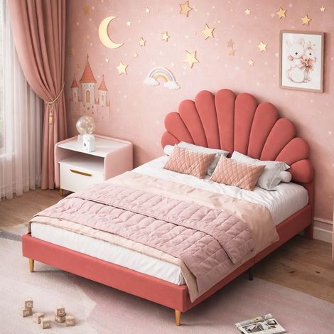 Lit double 140x200 cm, lit enfant fille avec tête de lits forme de pétale, lit capitonné pour fille adolescent, sommier à lattes, velours, beige (1/5)
