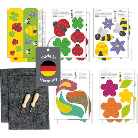 Kit de poinçonnage/piquage avec 10 cartes de poinçonnage (2 x coléoptères, abeilles, oiseaux, fleurs orange, photophores) DIN A5, 2 x feutre, 2x aiguilles à poinçonner (1/5)