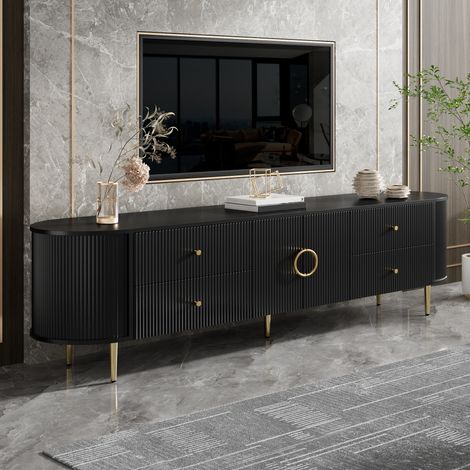 Meuble TV, meuble bas, structure ondulée tridimensionnelle, bords arrondis, corps en MDF, poignées en aluminium, pieds en fer, étagère fixe, passe-câbles, salon (1/5)