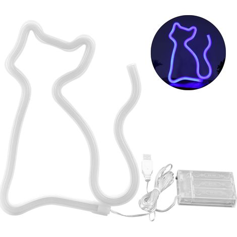 Chat bleu lumineux LED néon en forme de chat, décoration artistique pour mariage fête, alimentation USB ou batterie