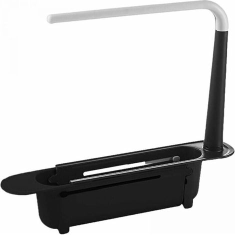 Porte-éponge pour évier de cuisine, support de rangement pour évier, porte-éponge télescopique, convient pour un évier simple, en plastique, 32-45 cm, noir.