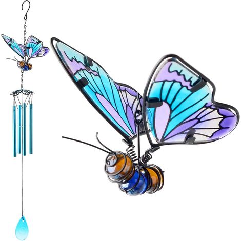 Carillon Éolien - Papillon Violet En Vitrail - 5 Tubes Aluminium Et Verre Coloré - Décoration De Jardin Extérieur - 1 Pièce (1/5)