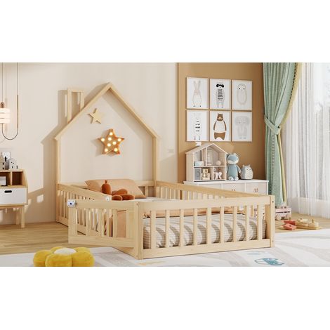 Kinderbett 90x200 cm in Kaminform aus naturbelassenem Kiefernholz, Sicherheitsbarriere, Lattenrost, verspielter Minimal-Stil LINHOO