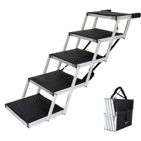 Rampe pliante en aluminium pour chien avec 5 marches, surface antidérapante et poignée en mousse souple, rampe robuste pour animal de compagnie pour voiture, lit haut et camion, supporte jusqu'à 110 k (1/5)