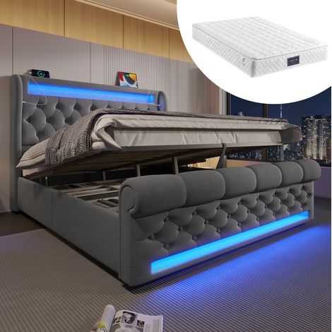 Lit coffre 140x200 LED velours gris, matelas inclus HAVRYA (1/5)