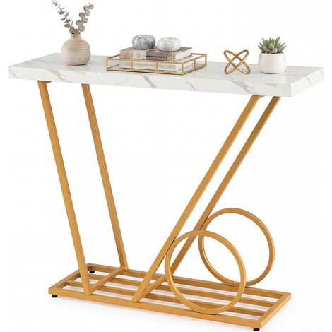 COSTWAY 100CM Faux Marble Console Table with Geometric Gold Metal Frame White (1/5)